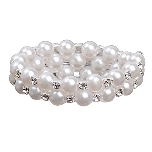 Multi Row Imitition Pearl Stretch Bracelet Stackable Crystal Strand Multi-Layered Elastic Bangle for Women 1920s Costume Vintage Bridal Wedding Jewelry-2 Rows