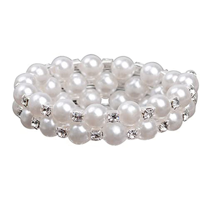 Multi Row Imitition Pearl Stretch Bracelet Stackable Crystal Strand Multi-Layered Elastic Bangle for Women 1920s Costume Vintage Bridal Wedding Jewelry-2 Rows