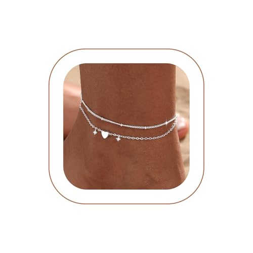 Ankle Bracelets for Women 14K Gold/Silver Plated Cross Heart Bead Anklet Waterproof Adjustable Chain Non Tarnish Cute Boho Trendy Dainty Summer Beach Foot Jewelry Gift for Her - style: 2 Layered Bead&Heart-SL