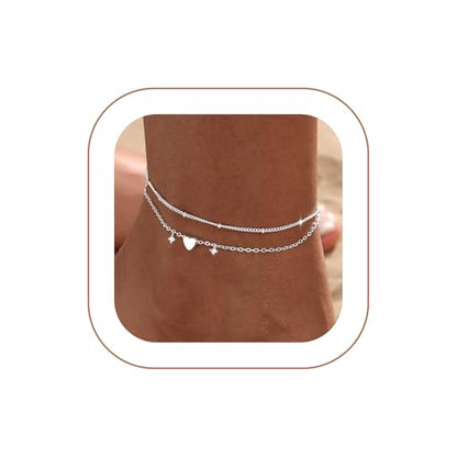 Ankle Bracelets for Women 14K Gold/Silver Plated Cross Heart Bead Anklet Waterproof Adjustable Chain Non Tarnish Cute Boho Trendy Dainty Summer Beach Foot Jewelry Gift for Her - style: 2 Layered Bead&Heart-SL