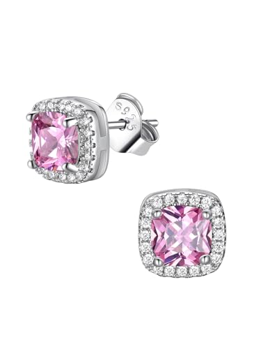 FindChic Birthstone Earrings for Women, Round/Heart/Square/Teardrop Earrings with 925 Sterling Silver Posts & Push Backs, Hypoallergenic Studs with Cubic Zirconia, 12 Months Jewelry with Gift Box - style: 10. October-Pink Tourmaline (Square)