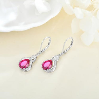 925 Sterling Silver Infinity Teardrop Earrings for Women | Lwsary Dangle Drop Leverback Earrings, Pear Shaped Birthstone Jewelry for Her - color: Deep Red