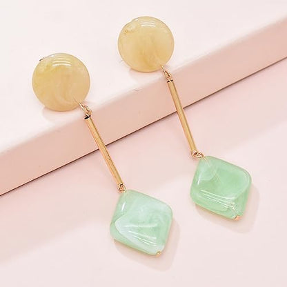 Acrylic Geometric Earrings Round Square Resin Earrings Lightweight Drop Earrings Resin Acetate Drop Dangle Hoop Earrings Long Tassel Fashion Jewelry Hollow Marble Design for Women - color: Green