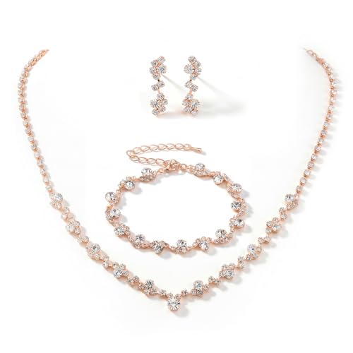 Unicra Bride Crystal Necklace Earrings Set Bridal Wedding Jewelry Sets Rhinestone Choker Necklace Costume Jewelry Set for Women and Brides - color: Rose Gold Necklace Bracelet Earrings