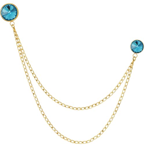 HAWSON Birthstone Brooch Pin for Men with Hanging Chain & Crystal, Mens Gold Tone Lapel Pin for Wedding/Birthday/Party Dress Suits Accessories - color: March Aquamarine