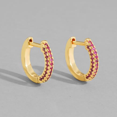 Dremmy Studios Dainty CZ Huggie Hoop Earrings 14K Gold Plated Chunky Simple Cute Thick Round Frill Bead Ball Starburst Cuff Earrings Cubic Zirconia Hoop Earrings Minimalist Personalized Gift for Her - color: CZ Rose