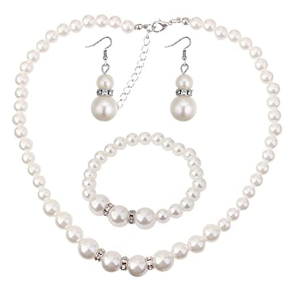 COLORFUL BLING 1920s Classic Faux Pearls Necklace Multi-Layer Strand Bracelet Dangle Earrings Set Beads Accessories Wedding Costume Party Jewelry for Women - color: White 2