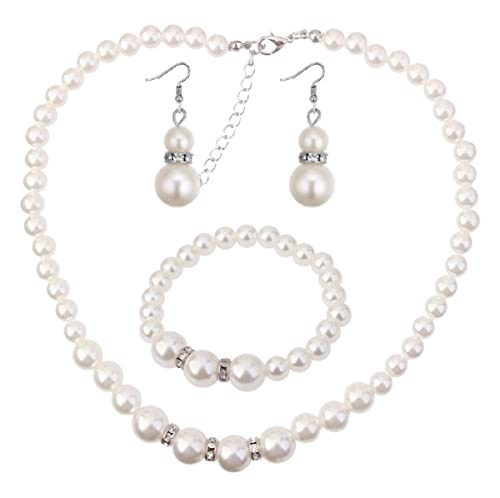 COLORFUL BLING 1920s Classic Faux Pearls Necklace Multi-Layer Strand Bracelet Dangle Earrings Set Beads Accessories Wedding Costume Party Jewelry for Women - color: White 2