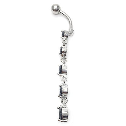 COOLSTEELANDBEYOND Belly Chain Belly Button Ring Body Jewelry Piercing Navel Ring with Long Dangle Cubic Zirconia - color: C-Metal Color:Silver; Stone Color:Black