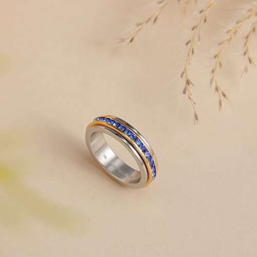 Muses Art Design Fidget Rings, Anxiety Rings, Spinner Rings, Band Rings with Birthstone, Stainless Steel, Women and Men, Meditation Rings, Thumb Rings, Stress Relieving and Anxiety Reducing - color: September - Sapphire