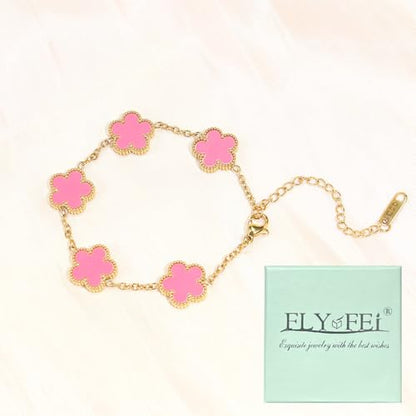 FLY FEI 18K Gold-Plated Four Leaf Clover Bracelet for Women,Adjustable lucky Bracelet Set Jewelry Gift-Hypoallergenic Charm for Birthdays, Wellness & Daily Wear - color: style01-Pink