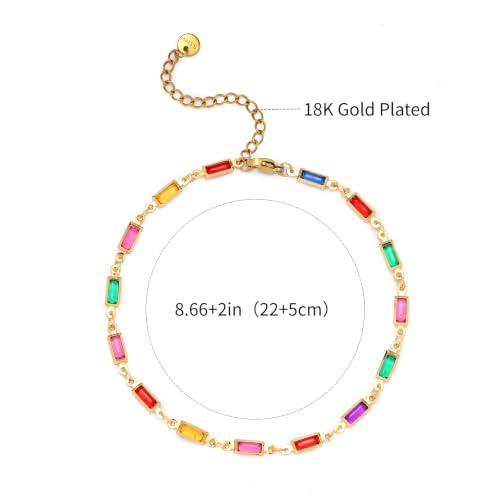 Ankle Bracelets for Women 18K Gold Plated Anklet for Women Gold Charm Anklet Waterproof Summer Beach Foot Chain Jewelry Gifts - style: rectangle colorful cubic zirconia