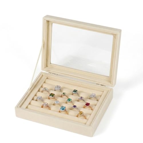 7 Slots Jewelry Box Ring Organizer Box, Beige Velvet Ring Holder, Small Jewelry Display Case with Clear Lid for Women & Girls - color: Beige, size: 7 Slots
