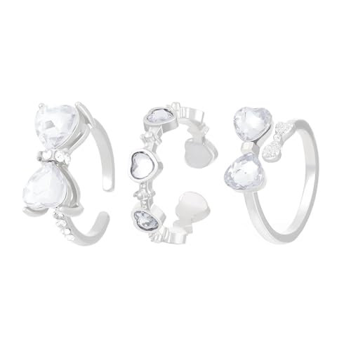 Pink Cubic Zirconia Cute Bowknot Finger Rings 925 Sterling Silver 14K Gold Plated Adjustable Rhinestone Butterfly Bowkont Open Rings Wedding Jewelry for Women（White） - color: white