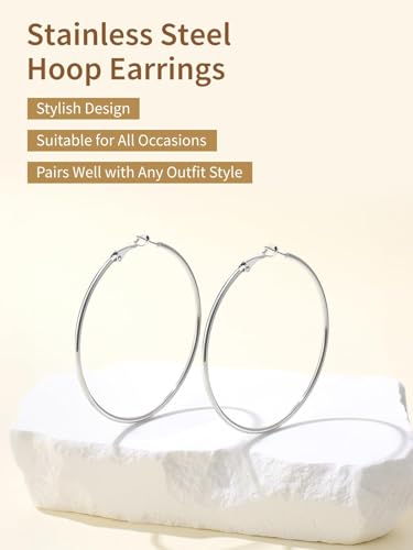 FindChic Thin Hoop Earrings for Women,Silver/Black/Gold Plated 20-100mm - color: Silver, size: 60mm