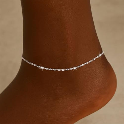 Moodear Ankle Bracelets for Women 14K Silver Plated Twist Bead Chain | Anklet Waterproof Non Tarnish Adjustable Summer Beach Anklet Jewelry Gift
