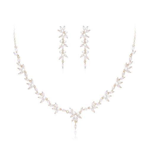 EVER FAITH Cubic Zirconia Pearl Leaf Vine Wedding Jewelry Set for Bride | Crystal Filigree Bridal Necklace Earrings, for Women Bridesmaid - color: 2pcs_White Gold-Tone