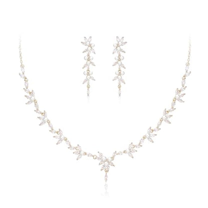 EVER FAITH Cubic Zirconia Pearl Leaf Vine Wedding Jewelry Set for Bride | Crystal Filigree Bridal Necklace Earrings, for Women Bridesmaid - color: 2pcs_White Gold-Tone