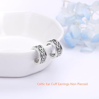 Birthday Gifts 925 Sterling Silver Ear Cuff Non Pierced Fake Cartilage Cuffs Huggie Earrings for Women Girls - Set of 2 - style: Oxidation Celtic