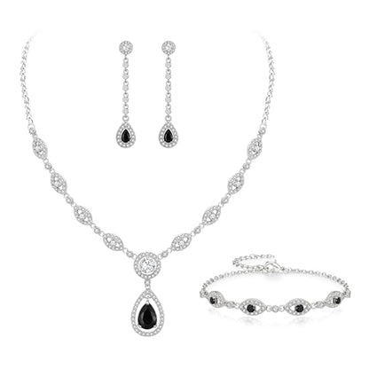 EVER FAITH Bridal Jewelry Set for Women, Stunning Teardrop Cubic Zirconia Birthstone Necklace Bracelet Earrings Sets Gift for Mothers Day/Valentines/Birthday/Christmas - color: Black