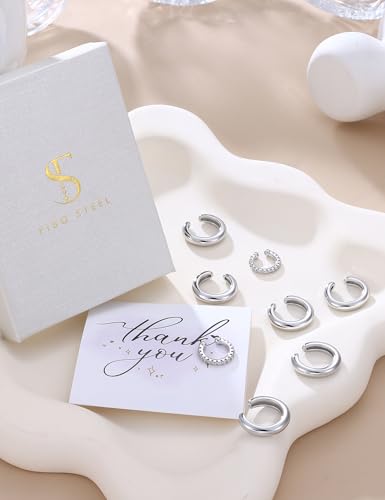 4Pairs 14K Gold Plated Ear Cuff Earrings for Women Non Piercing Jewelry | Hypoallergenic Earring Cuff for Sensitive Ears 14K Gold Silver Plated Non Tarnish Clip On Cartilage Fake Earring Set Trendy - color: Mid Silver Tone-Chunky