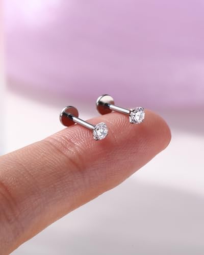 2PCS 20G/18G/16G Titanium Flat Back Nose Studs Internally Thread Cartilage Earring Studs Clear CZ Helix Tragus Earrings for Women Medusa Labret Stud Conch Piercing Jewelry Hypoallergenic - size: 1.0*8mm