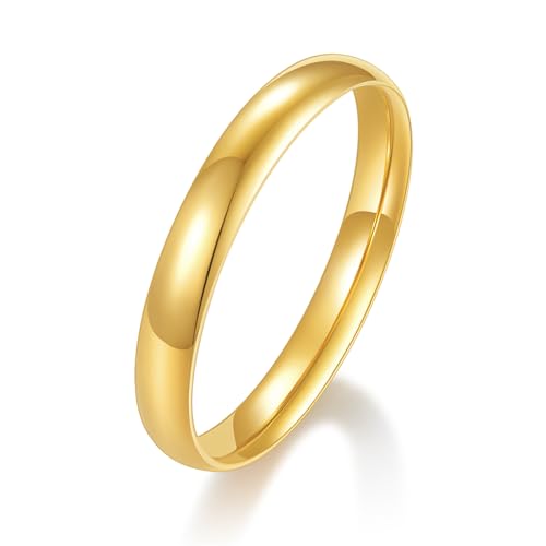 BORUO 925 Sterling Silver Ring| 14K Gold Plated Waterproof Stacking Rings| Plain Dome Tarnish Resistant Comfort Fit Wedding Band Gifts for Special Occasions 1.5mm 2mm 3mm Band Size 4-12 - color: Waterproof 3mm 14K Gold Plated Stainless Steel