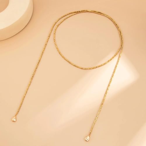 FUTIMELY Gold Long Body Chain Tassel Pendant Necklace for Women,Shiny Metallic Cube Beaded Adjustable Y Drop Lariat Necklace Minimalist Textured Jewelry - color: Golden