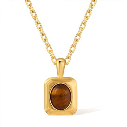 Jean Beau Gold Stone Pendant Necklaces for Women, Chunky Gemstone Dangle Necklace Wedding Prom Fashion Jewelry Gift - color: Square Brown