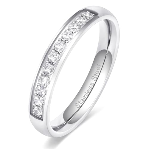 TIGRADE 3.5mm Engagement Ring Half Cubic Zirconia Stainless Steel Eternity Wedding Band for Women Size 3-12.5 - color: Silver