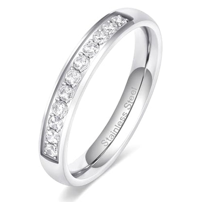 TIGRADE 3.5mm Engagement Ring Half Cubic Zirconia Stainless Steel Eternity Wedding Band for Women Size 3-12.5 - color: Silver