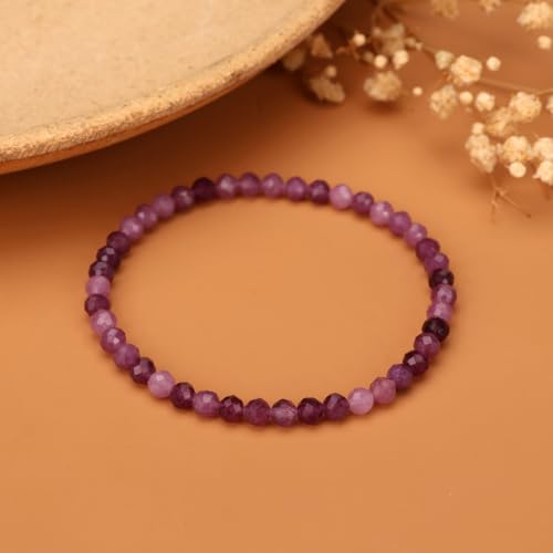 Natural Faceted Crystal Bracelet for Women,4mm Gemstone Round Beads Bracelets Adjustable Stretchy Healing Crystal Beads Bracelets Dainty Jewelry Gift - color: Amethyst