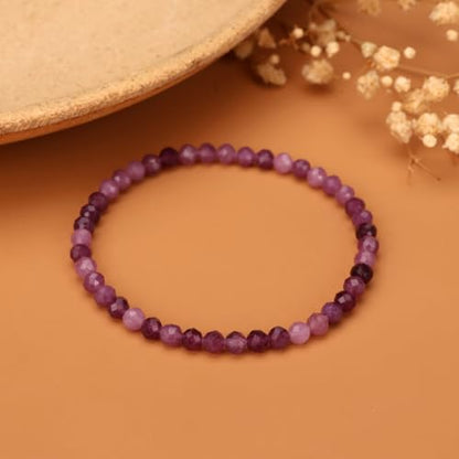 Natural Faceted Crystal Bracelet for Women,4mm Gemstone Round Beads Bracelets Adjustable Stretchy Healing Crystal Beads Bracelets Dainty Jewelry Gift - color: Amethyst