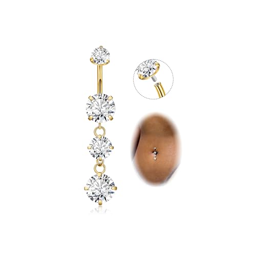 G23 Titanium Dangle Belly Button Rings for Women Dangling Navel Rings CZ Belly Rings Curved Barbell Internally Threaded Belly Piercing Jewelry - color: Gold