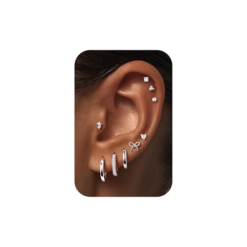 M MOOHAM 9 Pairs Flat Back Earring Stack Set for Women Teen Girls | Hypoallergenic Earrings, 14K Gold Plated Huggie Hoop Stud Earring, Small Cute Bow Cartilage Earrings, Trendy Jewelry Gifts - color: Silver