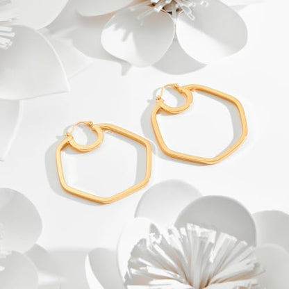 Large Gold Knot Hoop Earrings for Women 18K Gold Hoop Earrings Statement Lightweight Hoops Trendy Gold Hoops Earrings Jewelry - color: C-Hexagon Big Hoop Earrings
