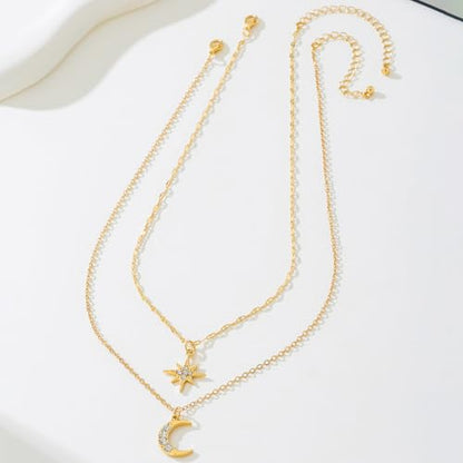 2 Pieces Celestial Layered Necklace Set, Gold-Plated Star and Moon Pendants with Crystal Accents, Dainty Chain
