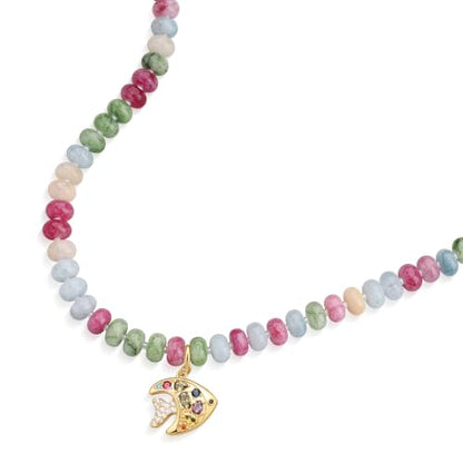 SAMYA Gemstone Beaded Necklace for Women | Ocean Charm Necklace with 8x4mm Natural Dyed Jade Beads, Adjustable 16"+2" Beach Necklace for Women - color: Mixed Color