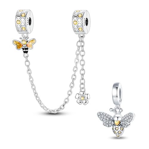 LNQOBU 925 Sterling silver Safety Chain for Bracelet,Family Forever Safety Chain Charm for Bracelet Stopper Spacer Charm Clip Charms Dangle Pendants Beads Jewelry Gift for Women - color: Bee Safety Chain and Pendant