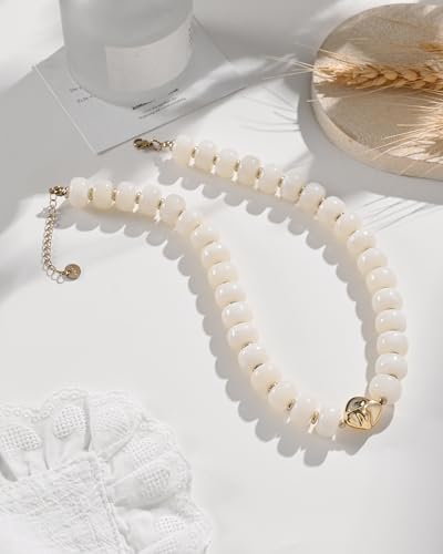 Boho Colorful Chunky Beaded Necklace for Women Trendy Resin Statement Choker Necklaces Summer Beach Style Womens Vacation Fashion Jewelry Gifts Accessories - color: White-3