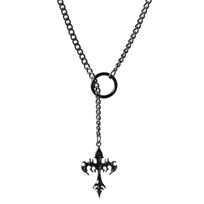 Slip Chain Choker for Women Handmade Black Stainless Steel Cuban Chain Chunky Moon Bat Raven Skull Pendant Gothic Punk Rock Collar Adjustable Lariat Y Necklace for Men - style: Black flame cross