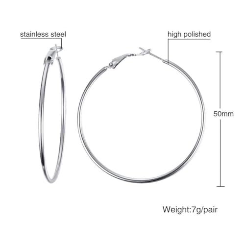 Large Hoop Earrings for Women 4 Pairs Stainless Steel Gold and Silver Hoop Earrings Set Lightweight Hypoallergenic Big Hoop Jewelry for Everyday Party and Gifts 40mm 70mm - color: Silver-50mm