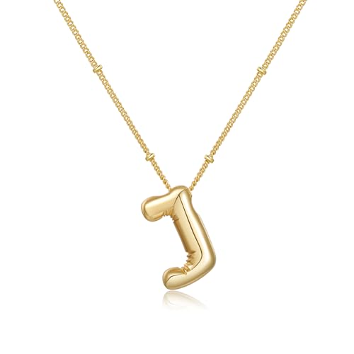 Gold Bubble Initial Necklace for Women Balloon Letter Necklace 18K Gold Plated Dainty Alphabet Pendant Puffy Name Personal Necklace - color: J