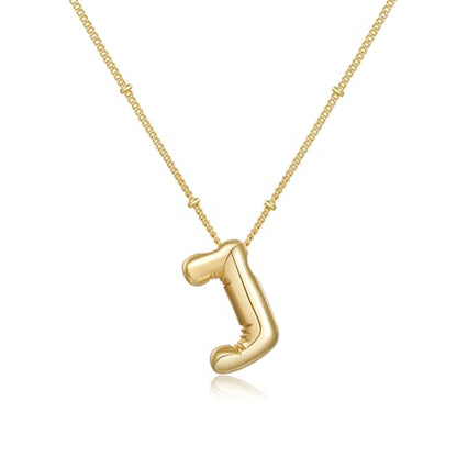 Gold Bubble Initial Necklace for Women Balloon Letter Necklace 18K Gold Plated Dainty Alphabet Pendant Puffy Name Personal Necklace - color: J