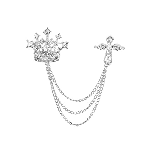 Collar Chain Pin for Men and Women - Hanging Tassel Brooch Lapel Pin for Business Suits - Bar Pin With Long Chain - Gifts - color: H: crown silver