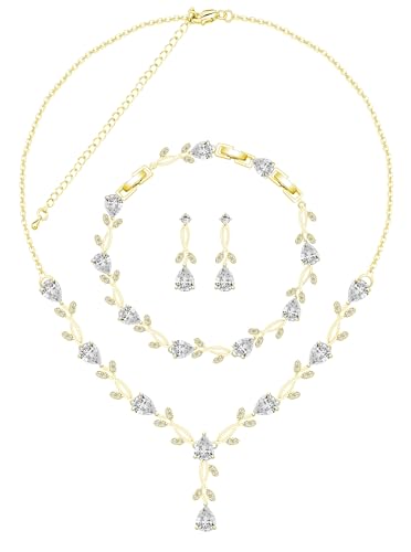 Jewelry Set for Women Bride Bridesmaid Wedding Party Prom Necklace Earrings Bracelet Set Gift for Mother Wife Friend - color: Gold-White
