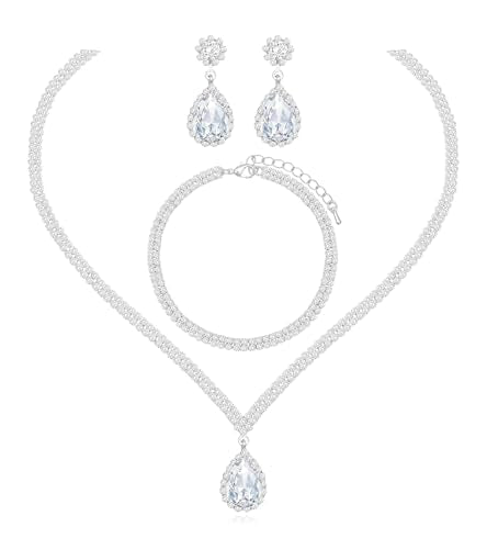 Elegant Silver Crystal Wedding Necklace Earrings Bracelet Jewelry Set for Women Brides Bridesmaids Prom Party Costume Accessory Bridal Jewelry - color: silver-white