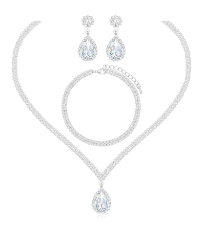 Elegant Silver Crystal Wedding Necklace Earrings Bracelet Jewelry Set for Women Brides Bridesmaids Prom Party Costume Accessory Bridal Jewelry - color: silver-white