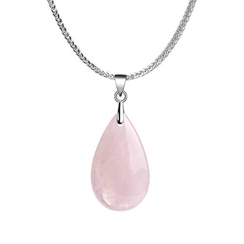 iSTONE 925 Sterling Silver Natural Crytral for Womens Pendant Necklace, Gemstone Birthstone with 17.8" Silver Chain Ladies - color: Rose Quartz