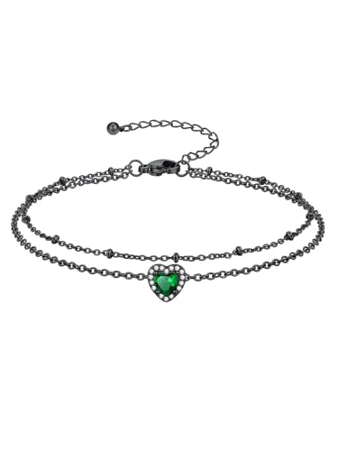 Richsteel Double Layer Heart/Butterfly Birthstone Anklet for Women | Non Tarnish Waterproof, Silver/Gold/Black Stainless Steel 8.5-10.5 Inch Adjustable Chain Anklets Summer Beach Foot Jewelry - color: Black Heart-05 May(Emerald)